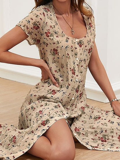 Women's Shift Dress Midi Dress Purple Pink Yellow Beige Light Blue Short Sleeve Floral Print Spring Summer Square Neck Hot Vintage Boho Loose 2023 S M L XL XXL 3XL - LuckyFash™