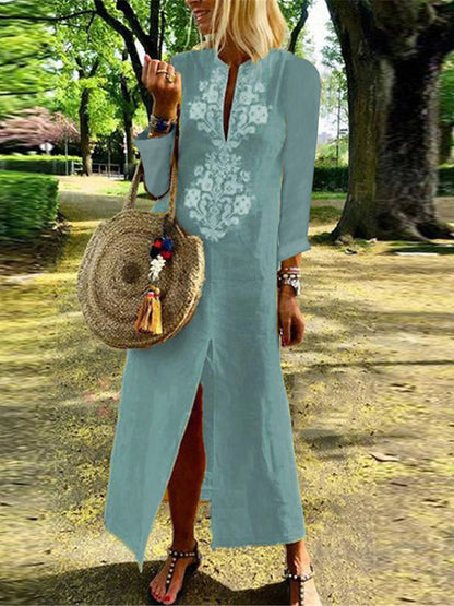 Women's V-Neck Embroidered Cotton Linen Maxi Dress Casual Split Long Sleeve for Summer Spring Fall 2024 Spring