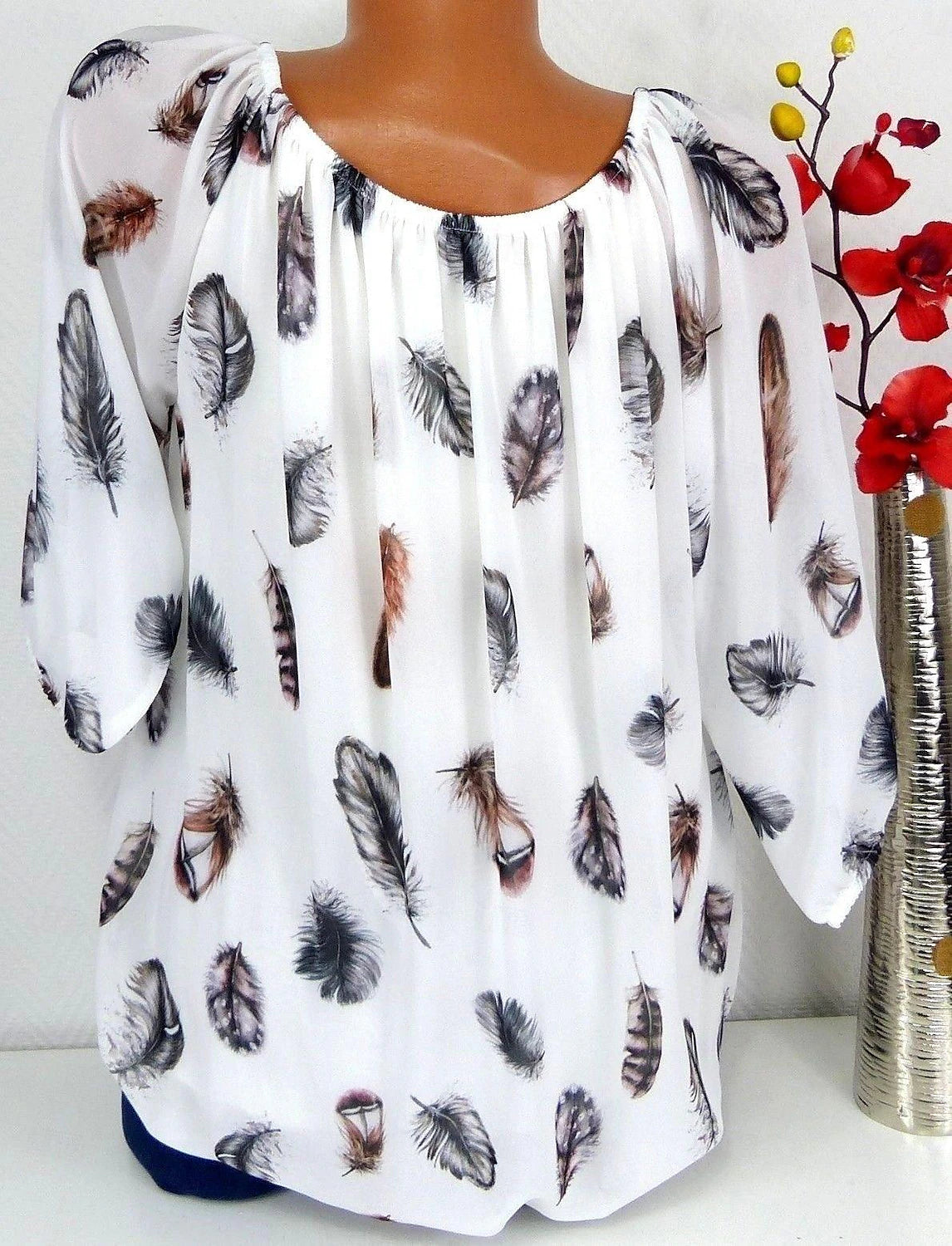 Women's Shirt Blouse Chiffon Feather Daily Vacation Print Black 3/4 Length Sleeve Casual V Neck Spring & Summer