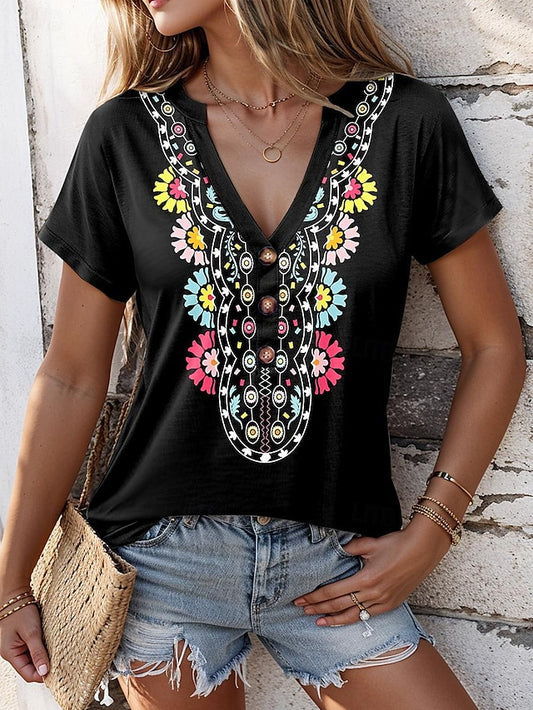 Women's T shirt Tee Daily Print Black Short Sleeve Bohemia Vintage V Neck Summer