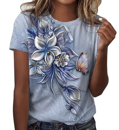 Women's T shirt Tee Floral Butterfly Casual Holiday Print Blue Short Sleeve Fashion Round Neck Summer