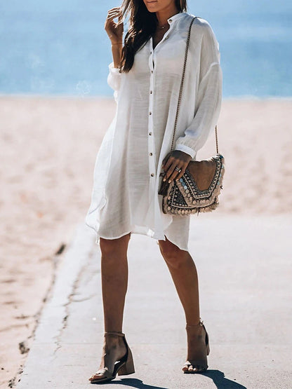 Women's White Dress Cover Up Beach Wear Midi Dress Button Basic Classic Plain Stand Collar Long Sleeve Loose Fit Outdoor Daily White 2023 Summer Spring One Size