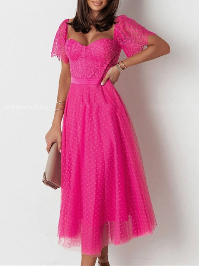 Women's Party Dress Corset Dress Lace Dress Midi Dress Black Pink Fuchsia Short Sleeve Polka Dot Lace Summer Spring Square Neck Fashion Birthday Wedding Guest Vacation S M L XL - LuckyFash™