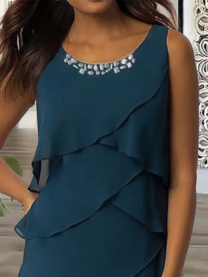 Women's Work Dress Wedding Guest Chiffon Dress Semi Formal Dress Fashion Midi Dress Ruffle Layered Crew Neck Sleeveless Plain Loose Fit Dark Blue Summer Spring S M L XL XXL - LuckyFash™