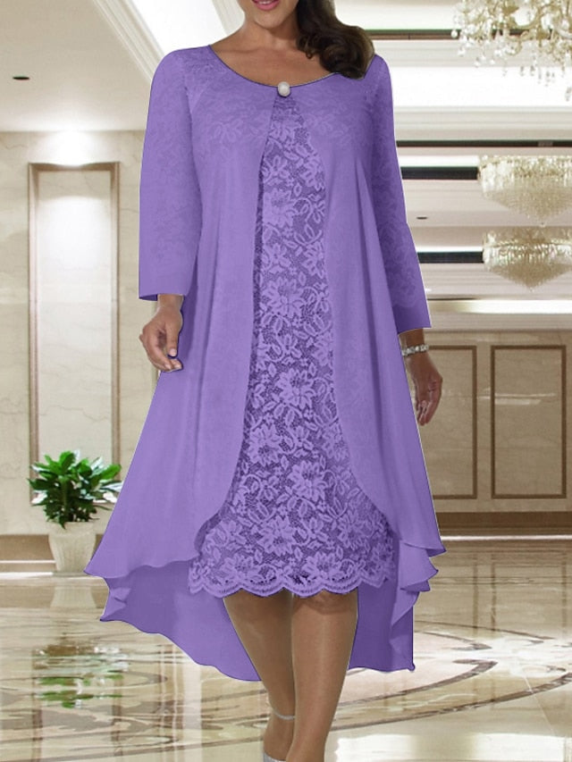Two Piece A-Line Mother of the Bride Dress Plus Size Elegant Jewel Neck Tea Length Chiffon Lace Short Sleeve Jacket Dresses with Solid Color 2023 - LuckyFash™