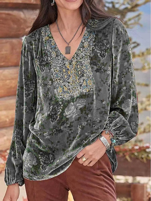 Women's Shirt Boho Shirt Blouse Velvet Floral Party Christmas New Year Print Yellow Long Sleeve Basic V Neck Spring Fall