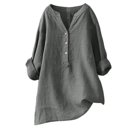 Women's Shirt Blouse Long Cotton Top Linen Plain Casual Daily Button Black Long Sleeve Fashion Daily Basic V Neck Spring &  Fall