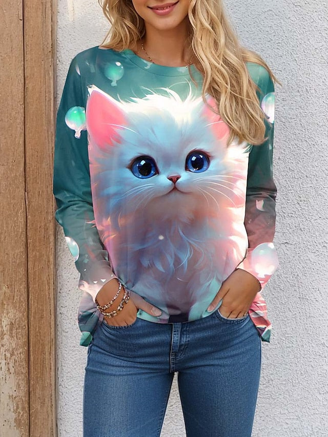 Women's T shirt Tee Cat 3D Daily Weekend Print Light Green Long Sleeve Fashion Funny Round Neck Spring &  Fall