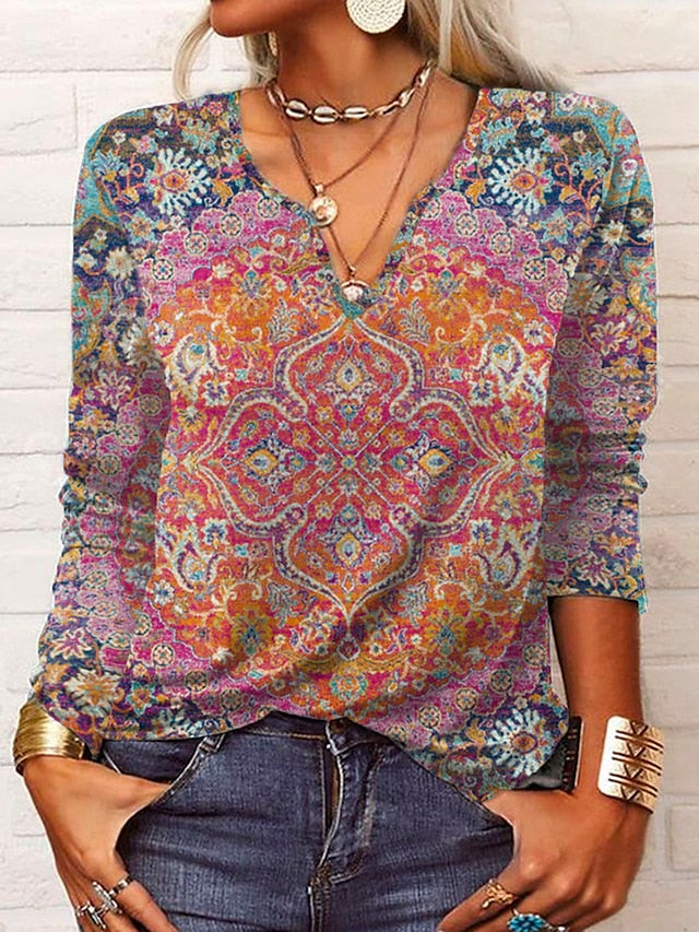 Women's Shirt Blouse Black Pink Wine Ethnic Paisley Color Gradient Button Print Long Sleeve Casual V Neck Regular Plus Size S - LuckyFash™