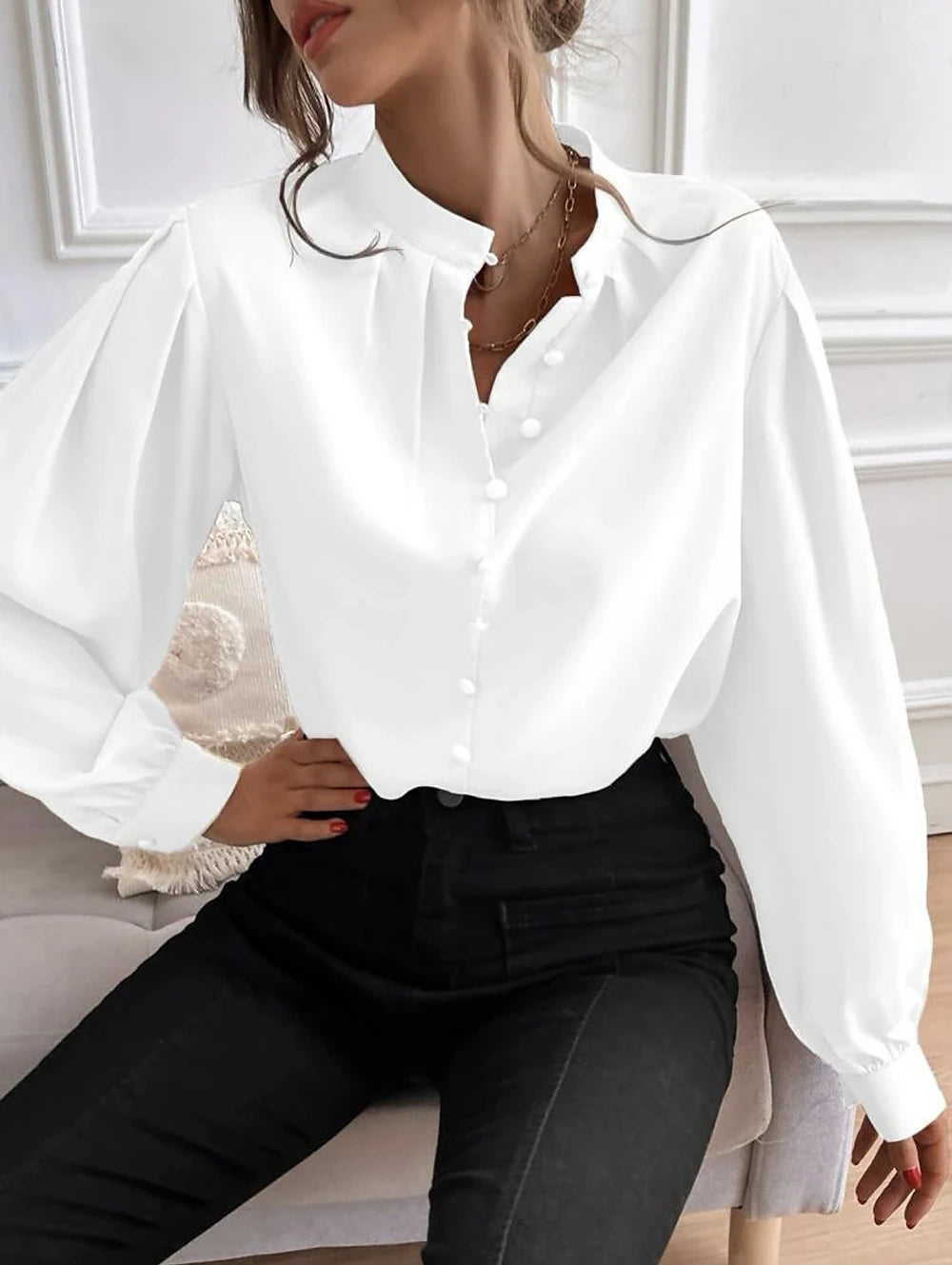 Women's Shirt Lantern Sleeve Blouse Plain Work Button Black Long Sleeve Daily Standing Collar Spring &  Fall