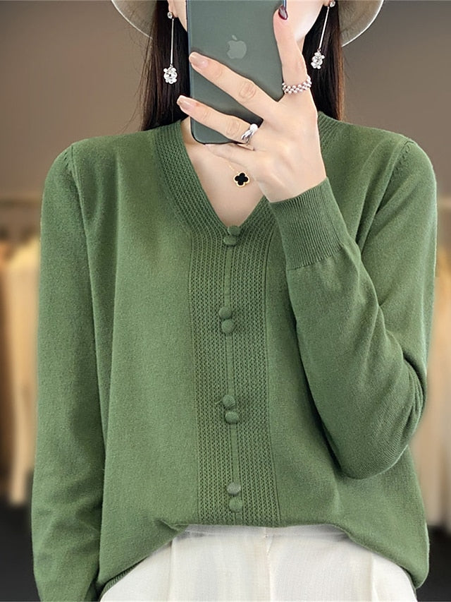 Women's Pullover Sweater Jumper V Neck Ribbed Knit Cotton Button Fall Winter Short Daily Going out Weekend Stylish Casual Soft Long Sleeve Solid Color Golden camel GH purple GH camel S M L