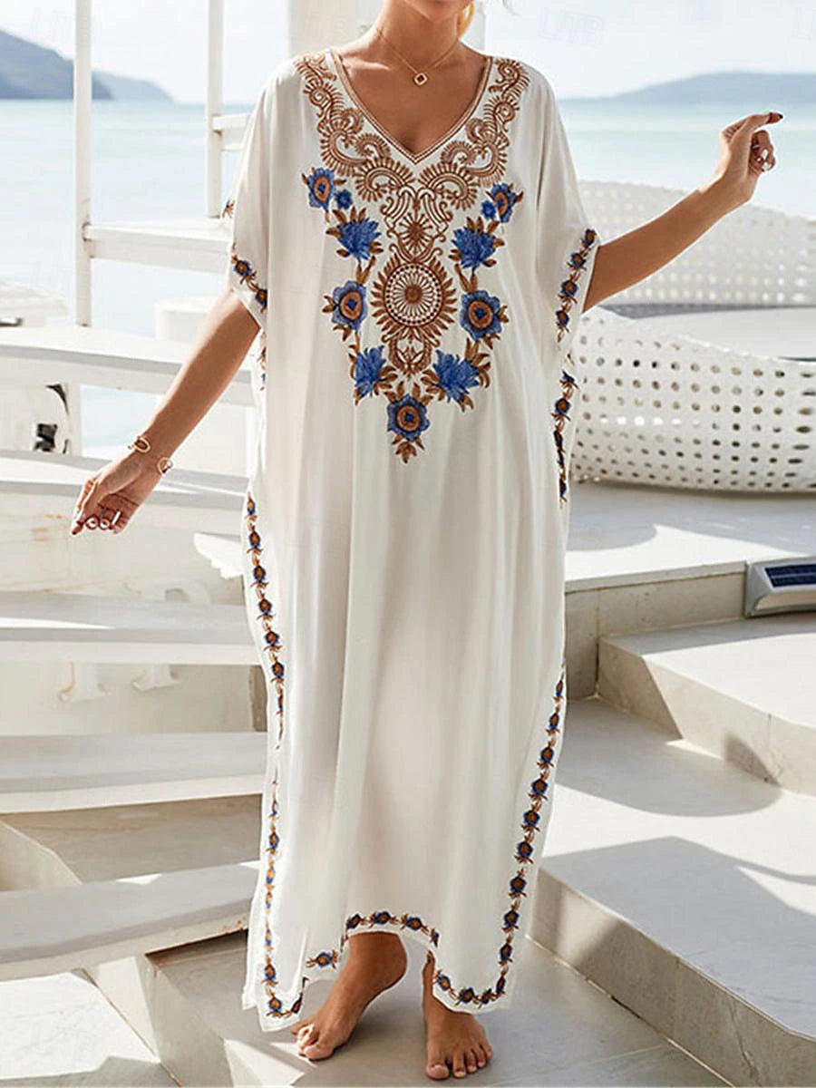 Women's White Dress Summer Dress Cover Up Long Dress Maxi Dress Embroidered Split Vacation Beach Maxi Boho V Neck Half Sleeve Black White Color