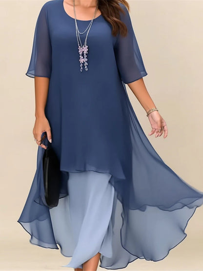 Women‘s Plus Size Curve Casual Dress Work Dress Chiffon Dress Plain Long Dress Maxi Dress Half Sleeve Layered Plus High Low Crew Neck Elegant Outdoor Blue Summer Spring Wedding Guest Dress