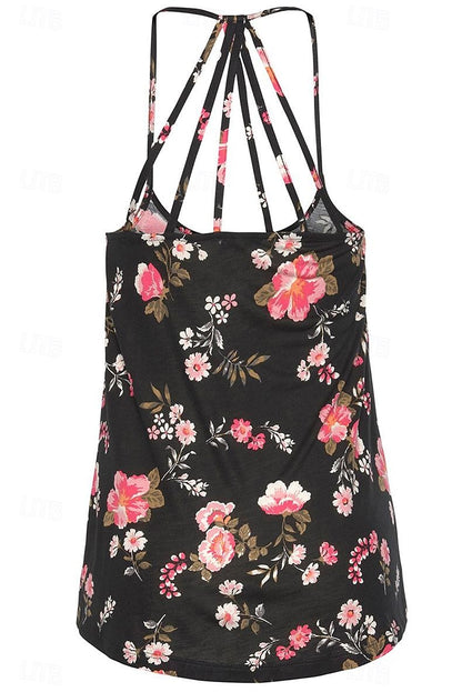 Women's Tank Top Floral Vacation Print Black Sleeveless Casual U Neck Summer