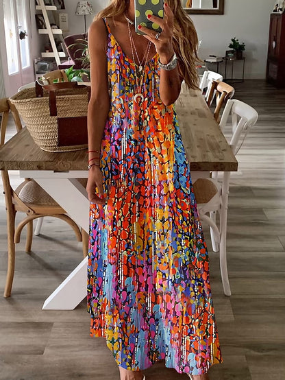 Women's Slip Dress Graphic Print V Neck Maxi long Dress Sleeveless Summer