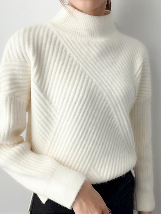 Women's Pullover Sweater Jumper Stand Collar Ribbed Knit Spandex Yarns Patchwork Split Fall Winter Regular Outdoor Daily Going out Stylish Casual Soft Long Sleeve Solid Color Black White Yellow