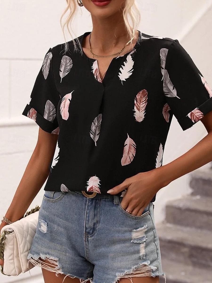 Women's T shirt Tee Feather Daily Vacation Going out Black Short Sleeve Stylish V Neck Summer