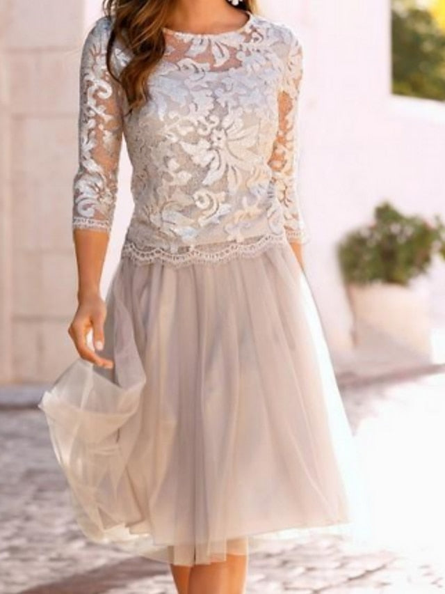 A-Line Mother of the Bride Dress Wedding Guest Elegant See Through Jewel Neck Knee Length Chiffon Lace Tulle 3/4 Length Sleeve with Pleats Appliques 2023 - LuckyFash™