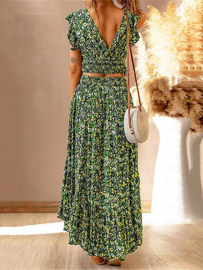 Women's Two Piece Dress Set Casual Dress Skirt Set Floral Dress Holiday Vacation Bohemia Vintage Ruffle Print Long Dress Maxi Dress V Neck Sleeveless Floral Regular Fit Blue Green Rainbow Summer S M