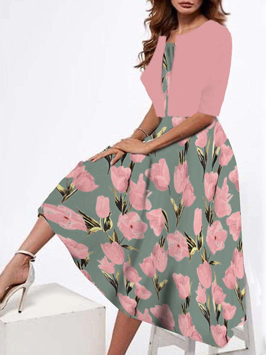 Women's Two Piece Dress Set Casual Dress Tank Dress Print Dress Outdoor Daily Fashion Streetwear Print Midi Dress Strap Half Sleeve Floral Loose Fit Pink Dark Pink Peach Summer Spring S M L XL XXL