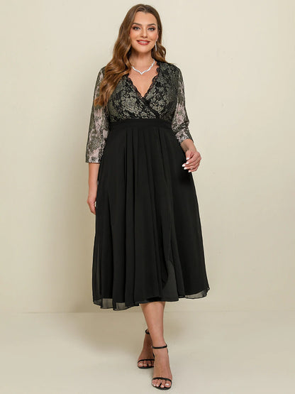 Women‘s Black Dress Prom Dress Black Lace Dress Plus Size Curve Party Dress Swing Dress Floral Long Dress Maxi Dress 3/4 Length Sleeve Patchwork V Neck Wedding Guest Dress