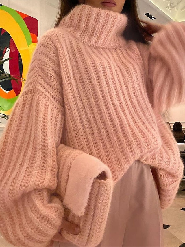 Women's Pullover Sweater Jumper Turtleneck Chunky Knit Acrylic Oversized Fall Winter Outdoor Daily Going out Stylish Casual Soft Long Sleeve Solid Color White Pink Green S M L