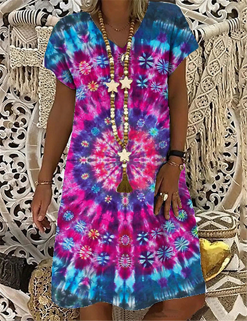 Women's Shift Dress Midi Dress Fuchsia Short Sleeve Tie Dye Print Summer Spring V Neck Casual 2023 S M L XL XXL 3XL