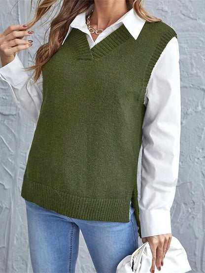 Women's Sweater Vest V Neck Knit Acrylic Knitted Summer Spring School Daily Going out Stylish Basic Casual Sleeveless Pure Color Black Wine Army Green S M L