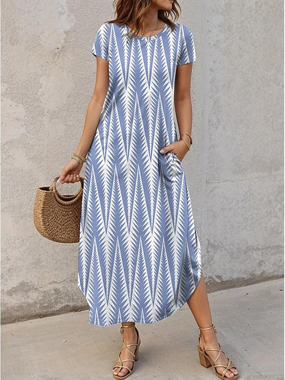 Women's Split Print Crew Neck Long Dress Maxi Dress Date Short Sleeve Summer