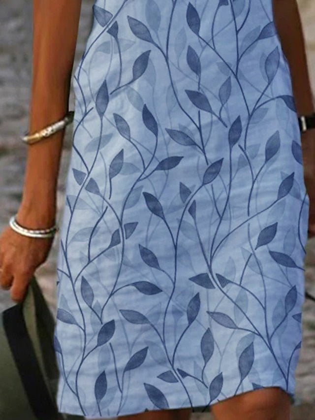 Women's Casual Dress Shift Dress Midi Dress Blue Green Short Sleeve Leaf Print Fall Spring Summer V Neck Basic Daily Vacation Summer Dress 2023 S M L XL XXL XXXL - LuckyFash™