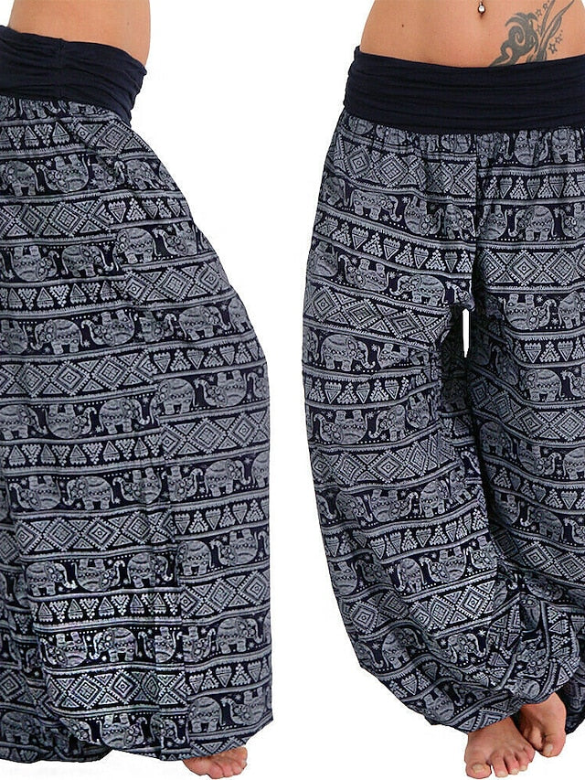 Womenâ€˜s Harem Pants Wide Leg Fold Over Waist Palazzo Bohemia Zumba Belly Dance Yoga Bloomers Bottoms Elephant Hippie Boho Navy ArmyGreen White Plus Size Sports Activewear - LuckyFash™