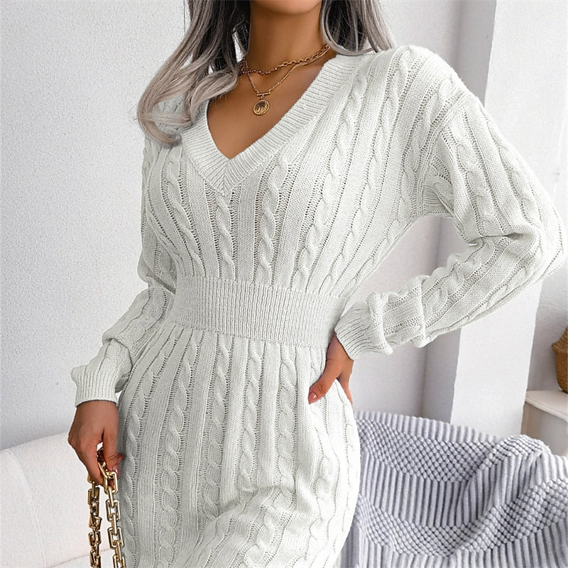 Women's Sweater Dress Jumper Dress Winter Dress Mini Dress Knitwear Fashion Classic Pure Color Winter Dress Holiday Date Fall Dress V Neck Long Sleeve Knit 2023 Loose Fit White Blue khaki S M L