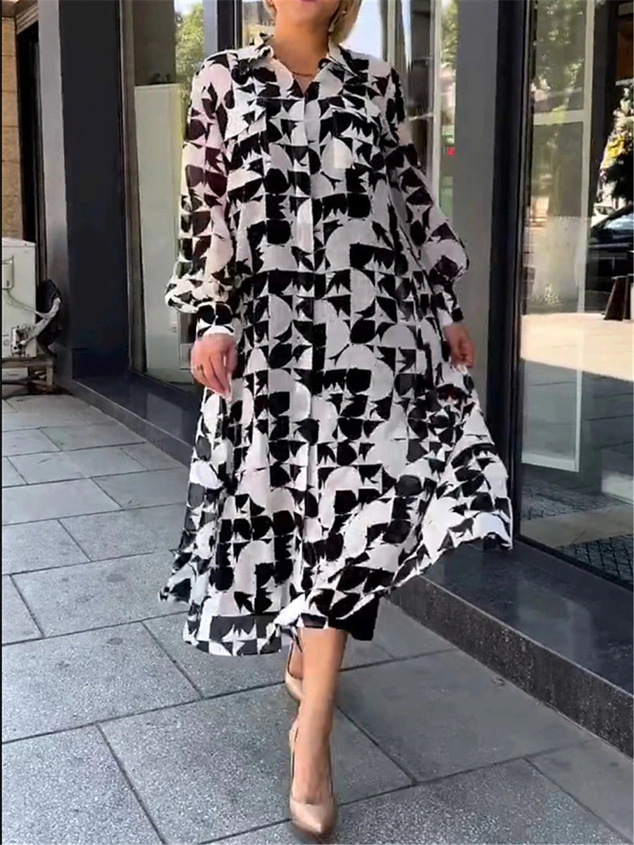 Women's Shirt Dress Casual Dress Midi Dress Outdoor Daily Vacation Polyester Fashion Modern Shirt Collar Button Pocket Long Sleeve Summer Spring Fall 2023 Loose Fit Black Geometric Color Block S M L