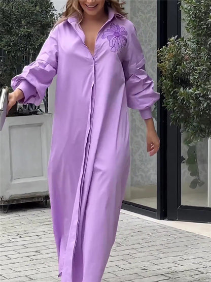 Women's Shirt Dress Casual Dress Shift Dress Maxi long Dress Outdoor Office Daily Cotton Fashion Modern Shirt Collar Button Pocket 3/4 Length Sleeve Summer Spring Fall 2023 Loose Fit Purple Floral S