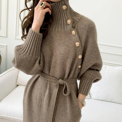 Women's Sweater Dress Jumper Dress Winter Dress Knee Length Dress Knitwear Stylish Mature Pure Color Outdoor Winter Dress Holiday Weekend Turtleneck Long Sleeve Tie Front Button Knit 2023 Loose Fit