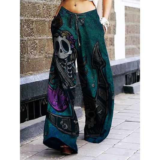 Women's Wide Leg Normal Polyester Skull Flower / Floral Black Green Gray Green Streetwear Mid Waist Short Office Halloween Summer Spring &  Fall