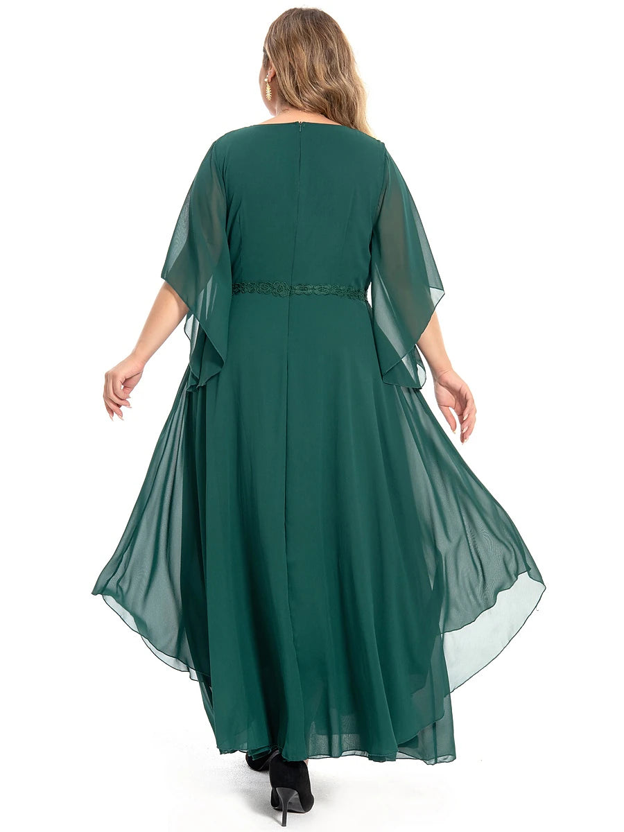 Women‘s Plus Size Curve Casual Dress Swing Dress Plain Long Dress Maxi Dress 3/4 Length Sleeve Layered V Neck Basic Outdoor Dark Green Summer Spring Wedding Guest Dress