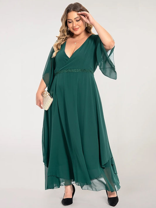 Women‘s Plus Size Curve Casual Dress Swing Dress Plain Long Dress Maxi Dress 3/4 Length Sleeve Layered V Neck Basic Outdoor Dark Green Summer Spring Wedding Guest Dress