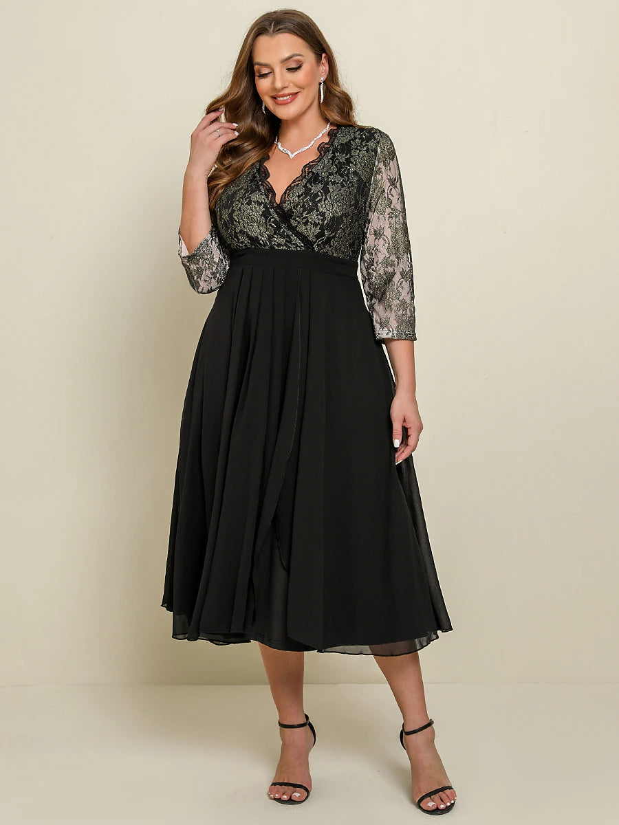 Women‘s Black Dress Prom Dress Black Lace Dress Plus Size Curve Party Dress Swing Dress Floral Long Dress Maxi Dress 3/4 Length Sleeve Patchwork V Neck Wedding Guest Dress