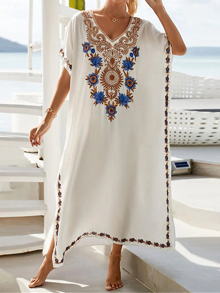 Women's White Dress Summer Dress Cover Up Long Dress Maxi Dress Embroidered Split Vacation Beach Maxi Boho V Neck Half Sleeve Black White Color