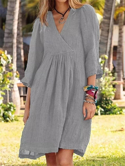 Women's White Dress Casual Dress Cotton Linen Dress Mini Dress Linen Ruched Basic Daily V Neck 3/4 Length Sleeve Summer Spring White Blue Plain