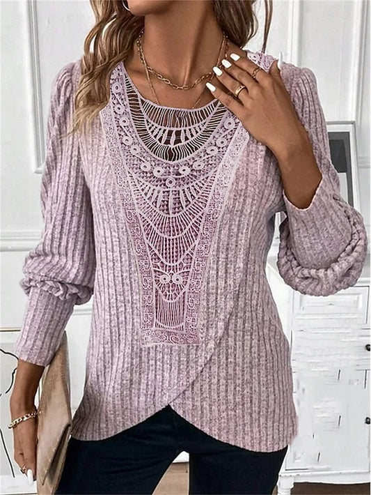 Women's Shirt Lace Shirt Blouse Plain Casual Lace Pink Long Sleeve Fashion Round Neck Spring