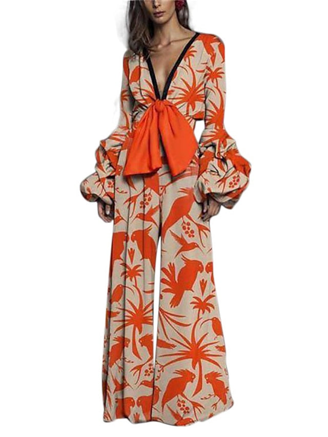 Women's Jumpsuit Bow Print Print V Neck Elegant Party Street Wide Leg Slim Long Sleeve Poet Sleeve Orange S M L Fall / Mini / Deep V / Loose - LuckyFash™