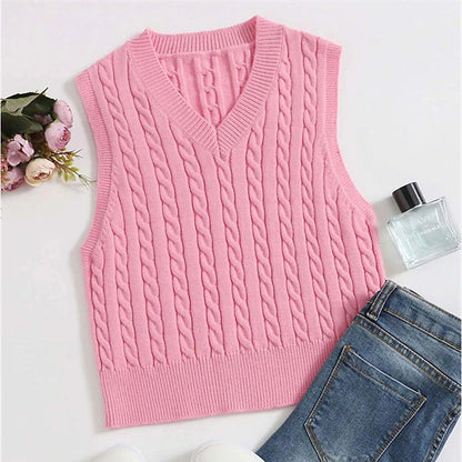 amazon hot selling sweater vest european and american fashion casual sleeveless sweater cable v-neck knitted vest women