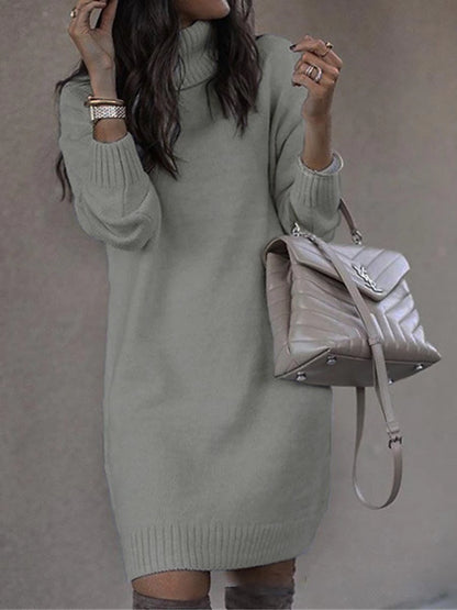 Women's Sweater Dress Turtleneck Ribbed Knit Acrylic Knitted Fall Winter Long Outdoor Daily Going out Stylish Casual Soft Long Sleeve Solid Color White Yellow Pink S M L