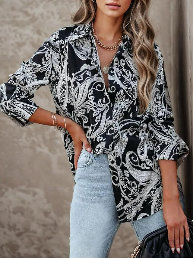 Women's Shirt Blouse Paisley Casual Button Print Black Long Sleeve Fashion Shirt Collar Spring &  Fall