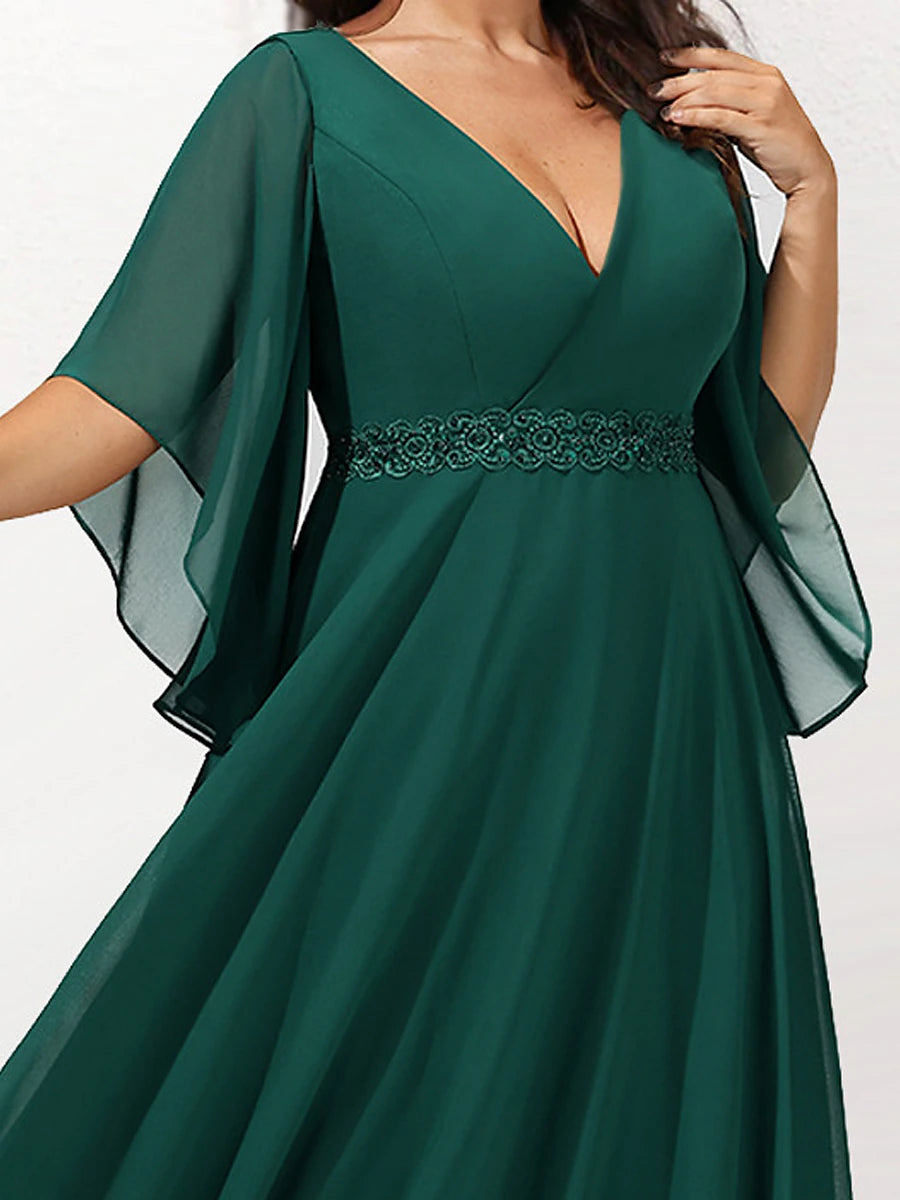 Women‘s Plus Size Curve Casual Dress Swing Dress Plain Long Dress Maxi Dress 3/4 Length Sleeve Layered V Neck Basic Outdoor Dark Green Summer Spring Wedding Guest Dress