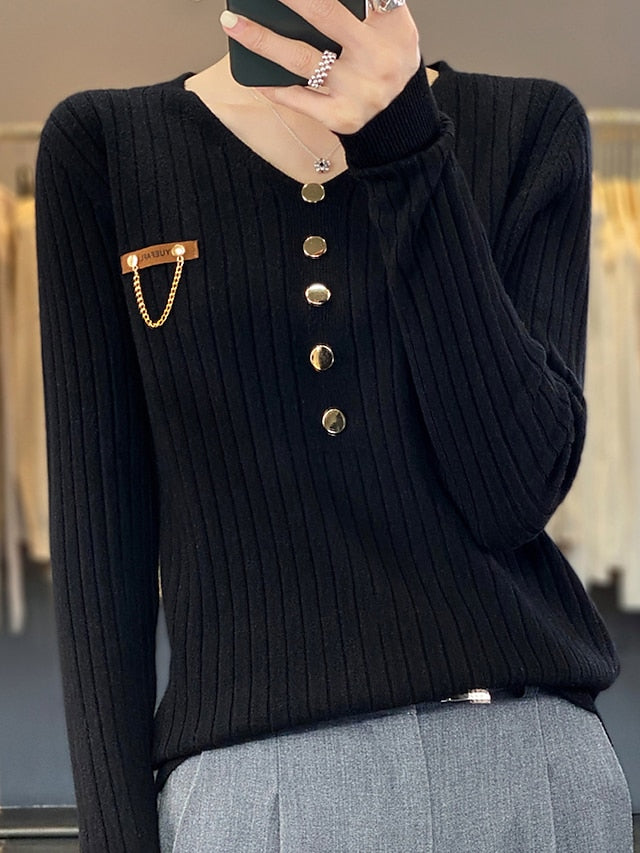 Women's Pullover Sweater Jumper V Neck Ribbed Knit Polyester Button Fall Winter Regular Outdoor Daily Going out Stylish Casual Soft Long Sleeve Solid Color Black White Yellow S M L