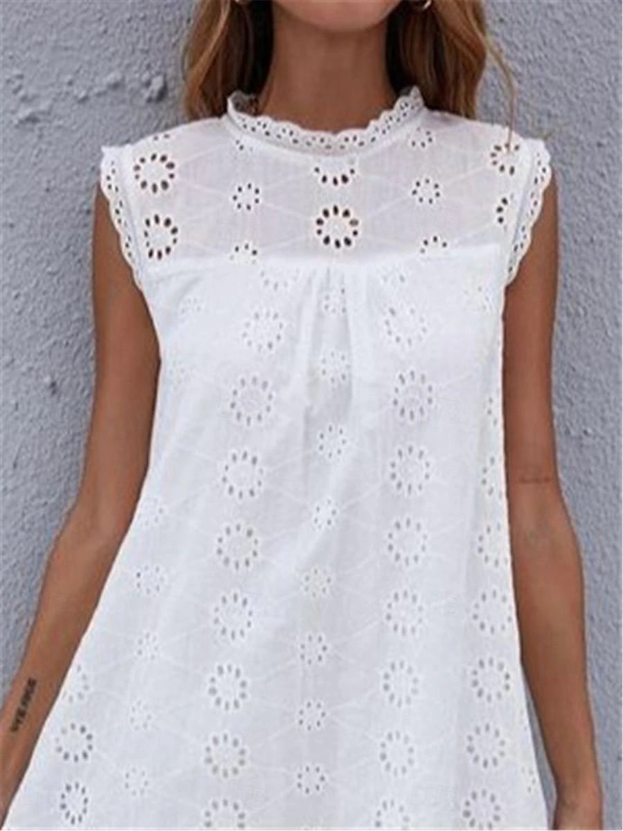 Women's White Dress Lace Dress Casual Dress Mini Dress Lace Patchwork Date Vacation Streetwear Stand Collar Sleeveless White Color