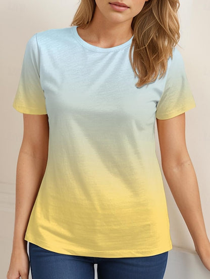 Women's T shirt Tee Ombre Color Gradient Daily Vacation Going out Print Yellow Short Sleeve Fashion Round Neck Summer